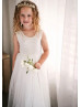 Ivory Eyelash Lace Tulle Sheer Back Flower Girl Dress